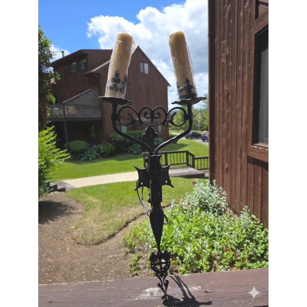 Vintage Gothic Wrought Iron Double Candle Wall Sconces - Set of 2